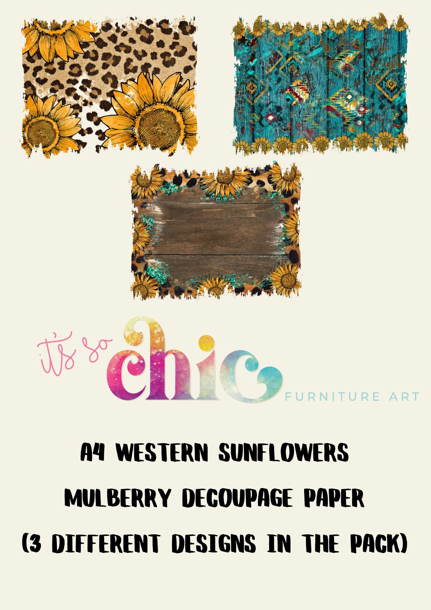 Decoupage Paper | Craft Paper | Western Sunflowers (3 different designs in the pack) | A4 Mulberry | It’s So Chic Furniture Art