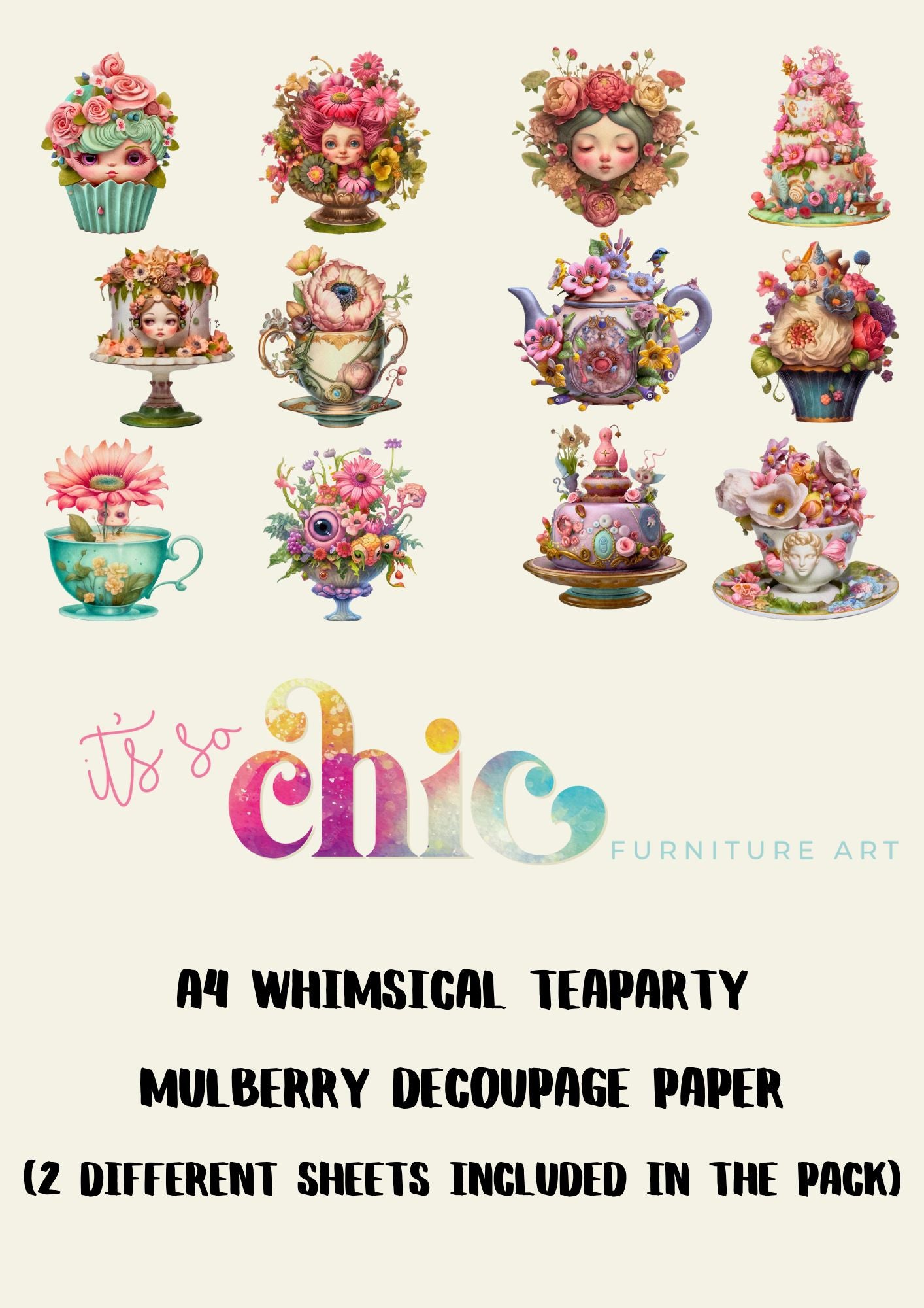 Decoupage Paper | Craft Paper | Whimsical Teaparty (2 different sheets included in the pack) | A4 Mulberry | It’s So Chic Furniture Art