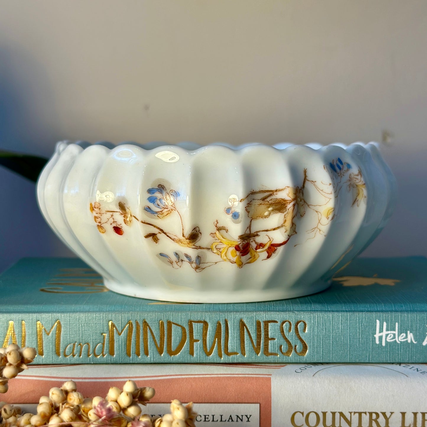 Antique Haviland & Co Limoges Fluted Trinket Bowl with Hand-Painted Floral Design