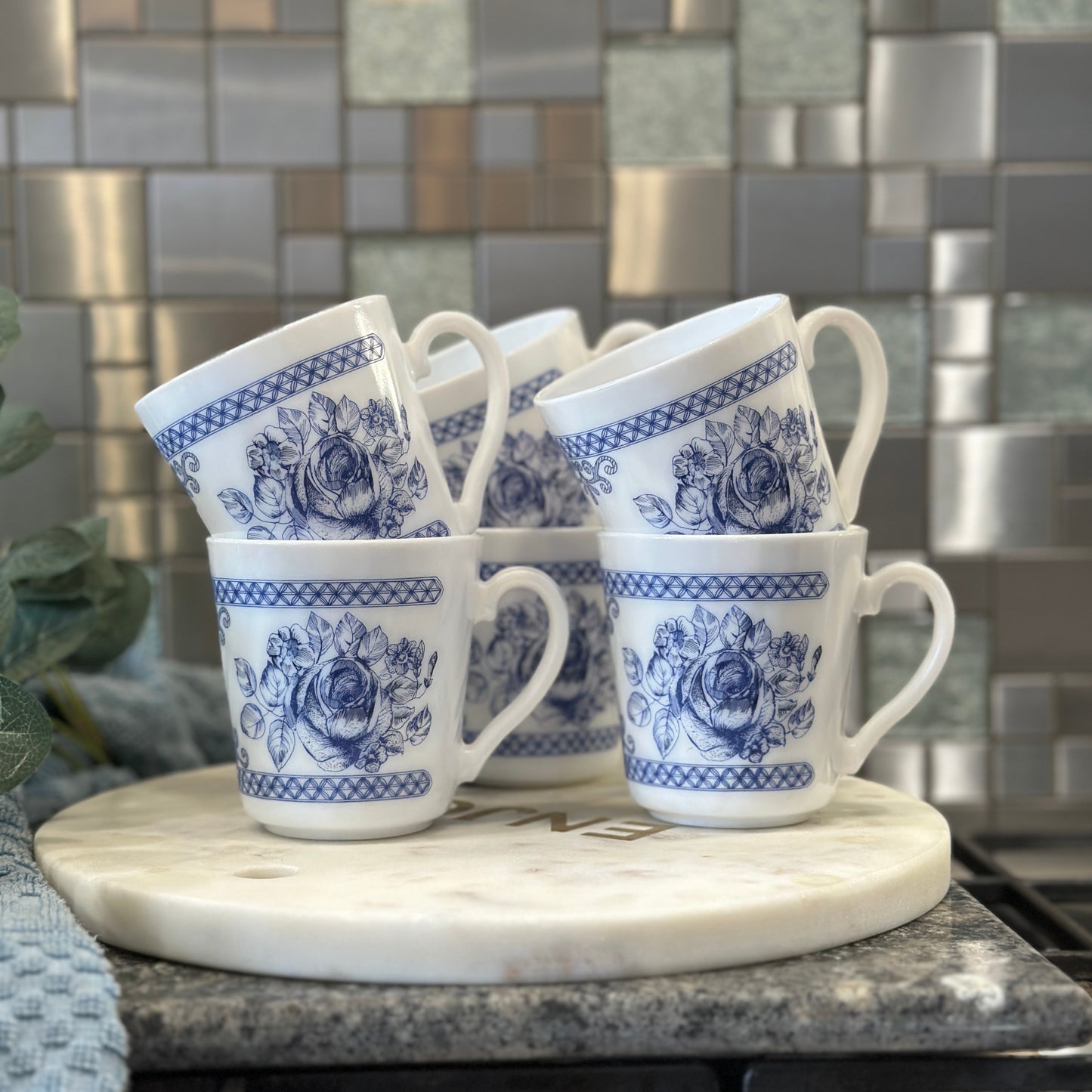 Vintage Arcopal France Honorine Mugs - Set of 6 - Blue Floral