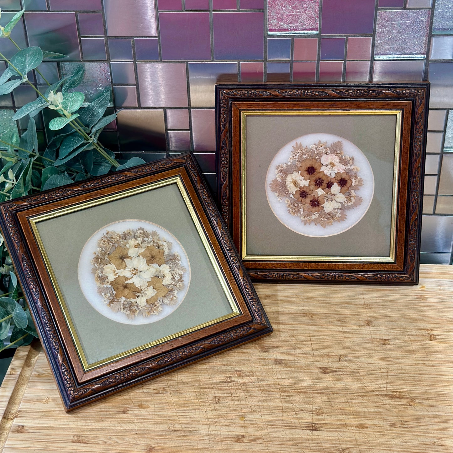 Vintage Framed Dried Pressed Flowers - Pair of Gold & Wood Frames with Pale Green Mounts - Real Flowerheads by Keith & Christine Head