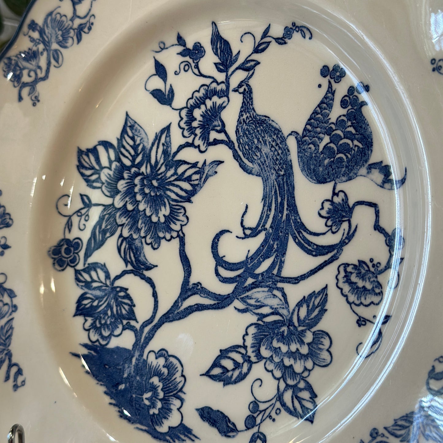 Grindley Staffordshire England Dinner Plate - Blue Peacock & Floral Pattern - Vintage Stoneware