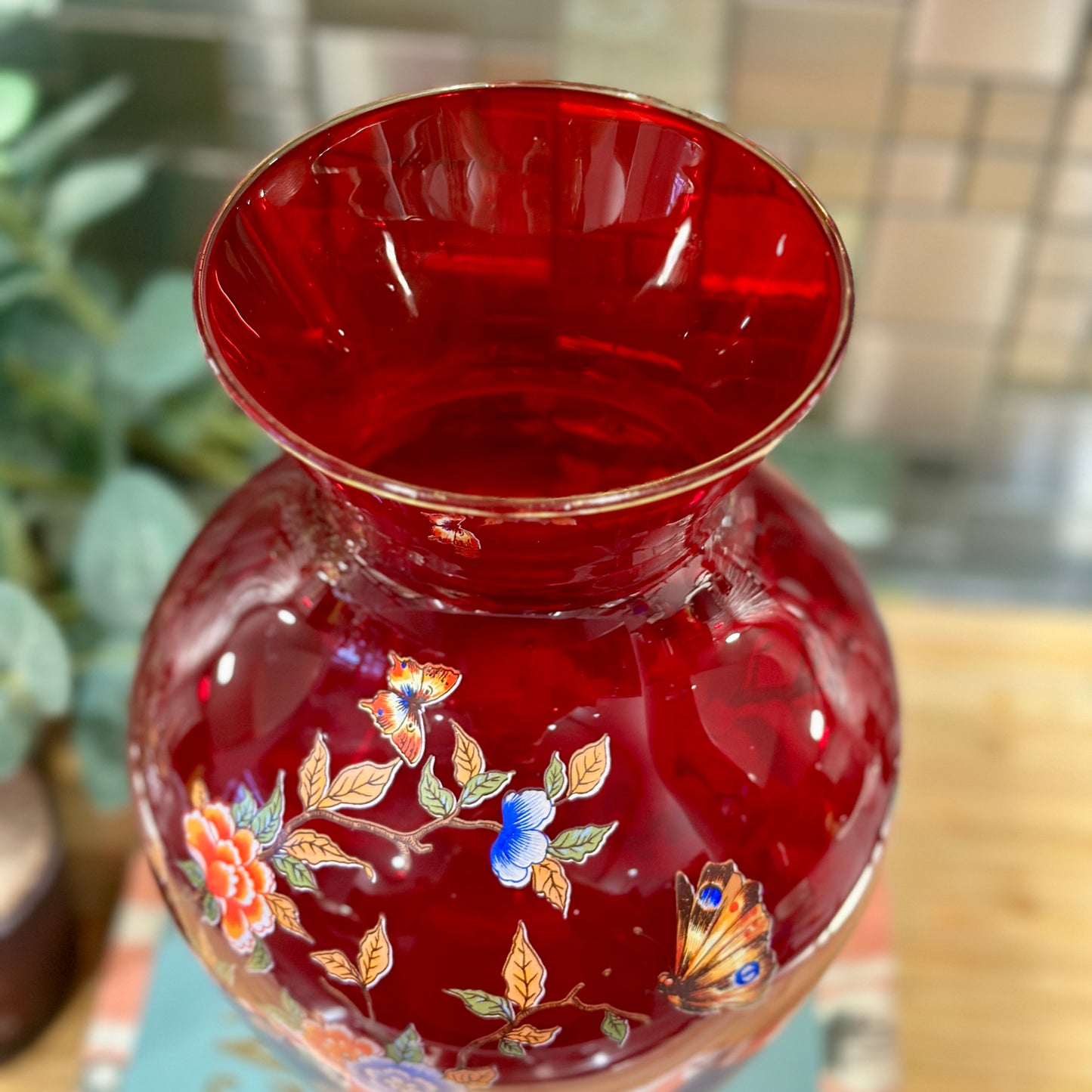 Gorgeous Vintage Blown Glass Vase - Ruby Red with Gold Trim - Made in Italy - Norleans