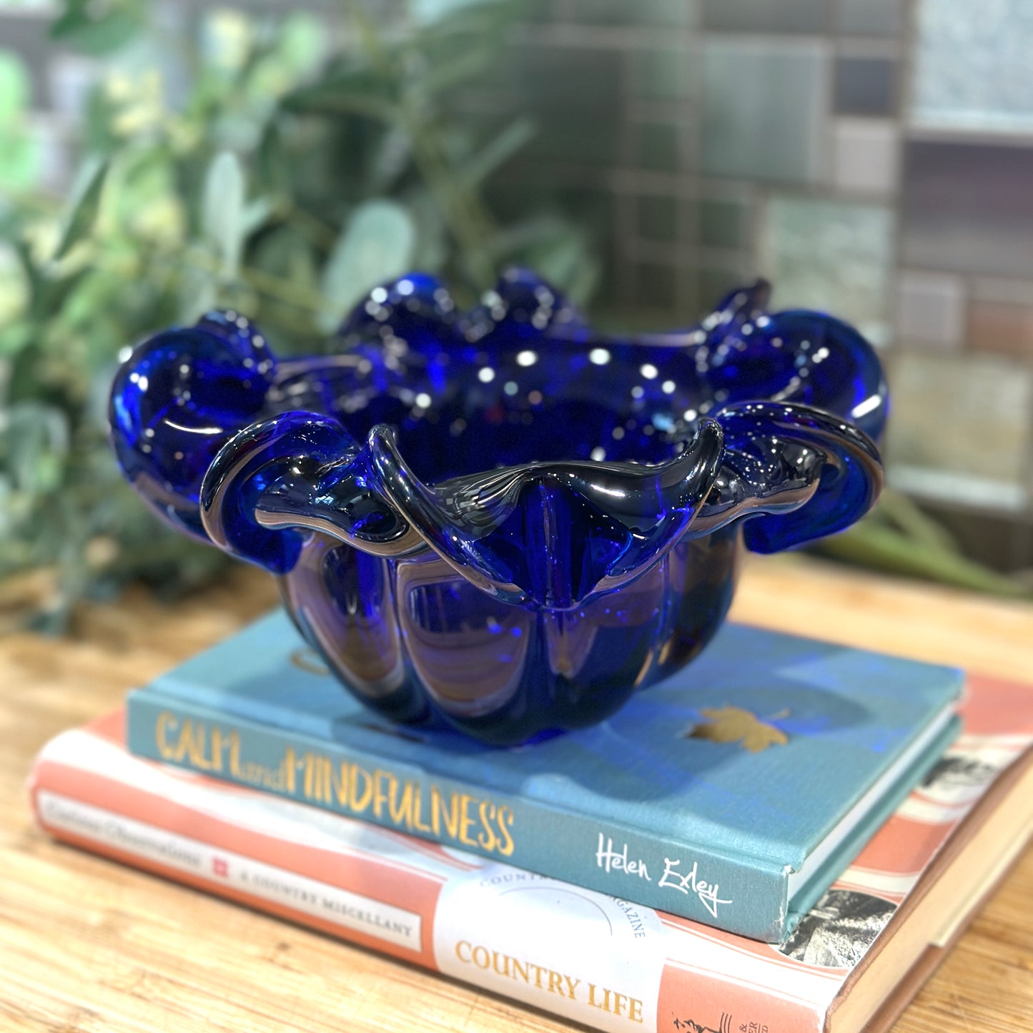 Heavy Vintage Cobalt Blue Glass Ashtray - Ruffled Rim, Polished Base