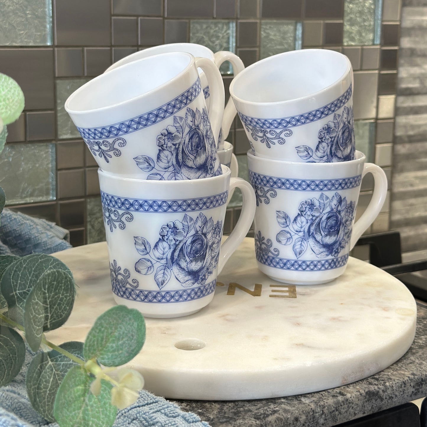 Vintage Arcopal France Honorine Mugs - Set of 6 - Blue Floral