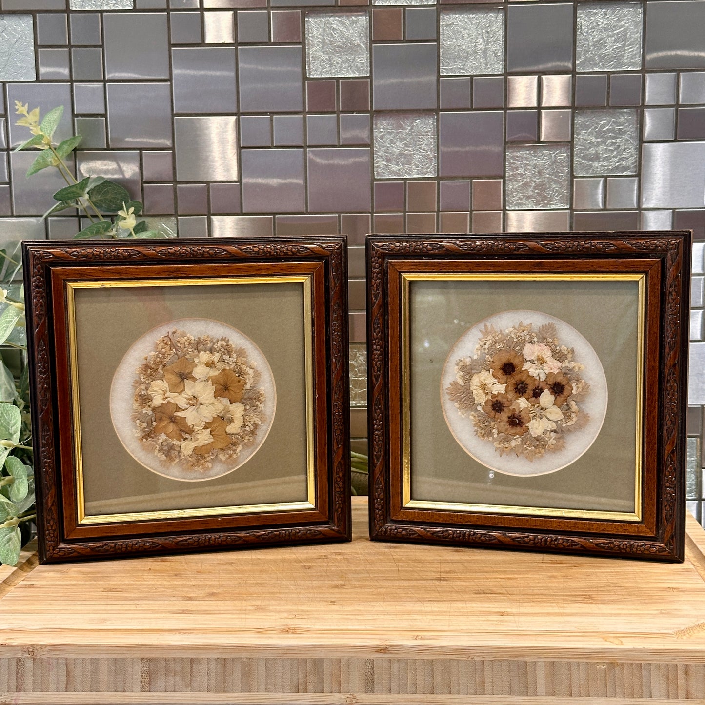 Vintage Framed Dried Pressed Flowers - Pair of Gold & Wood Frames with Pale Green Mounts - Real Flowerheads by Keith & Christine Head