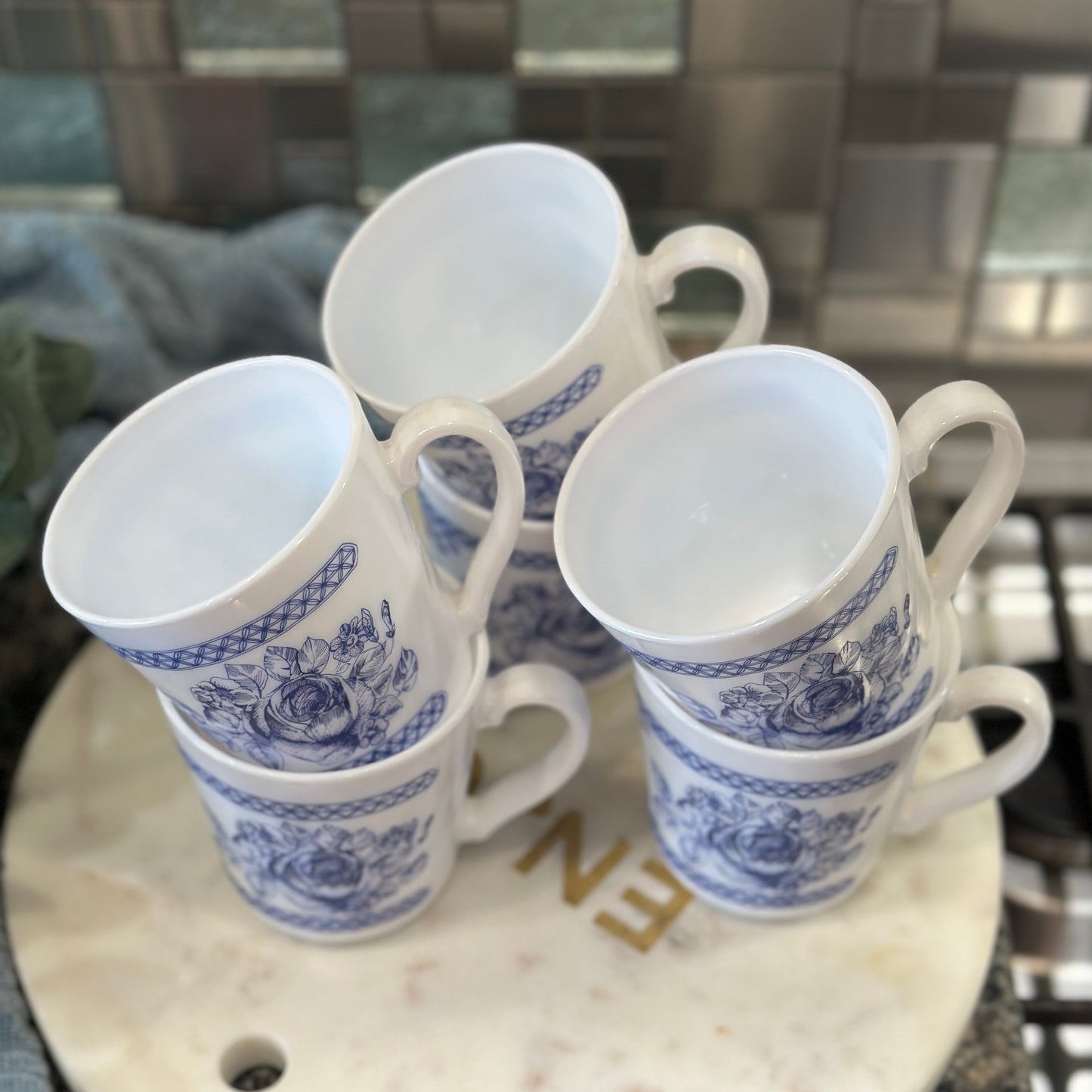 Vintage Arcopal France Honorine Mugs - Set of 6 - Blue Floral