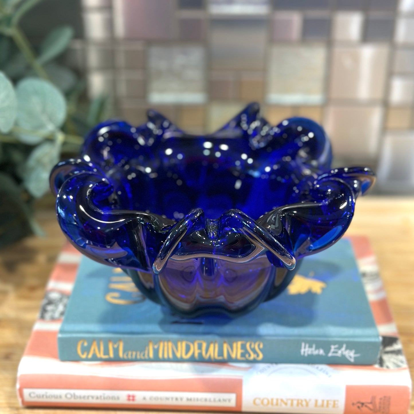 Heavy Vintage Cobalt Blue Glass Ashtray - Ruffled Rim, Polished Base