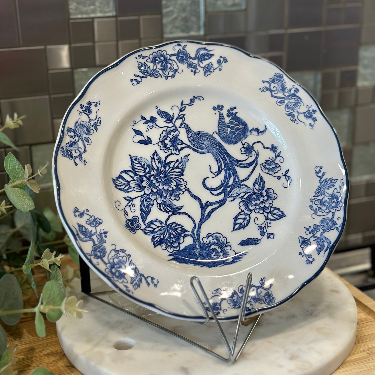 Grindley Staffordshire England Dinner Plate - Blue Peacock & Floral Pattern - Vintage Stoneware