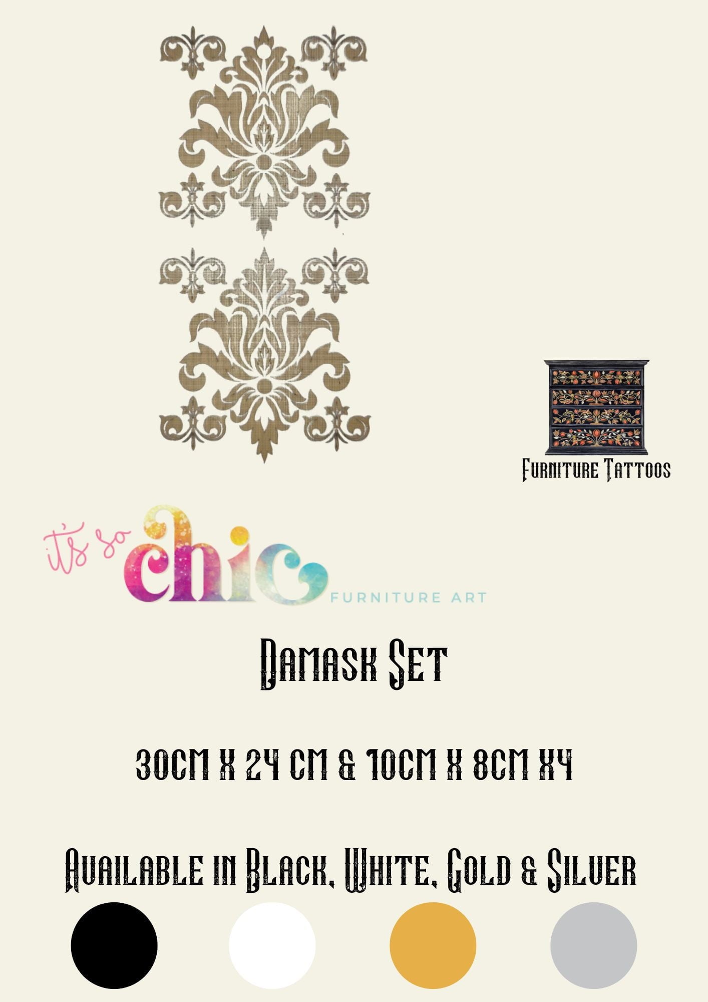 Furniture Tattoos | Vinyl Decals | Damask Set | 30cm x 24 cm & 10cm x 8cm x4 | It’s So Chic Furniture Art