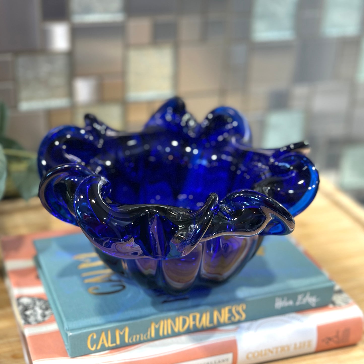 Heavy Vintage Cobalt Blue Glass Ashtray - Ruffled Rim, Polished Base