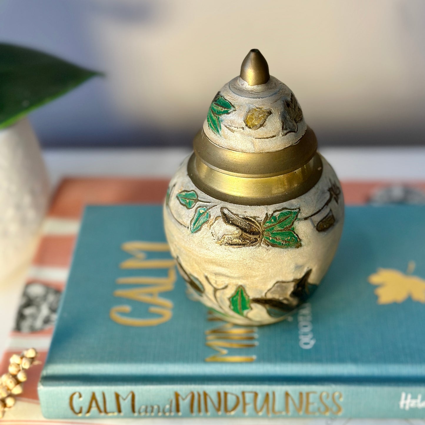 Brass Cloisonné Enamel Ginger Jar with Lid - Flowers & Leaves