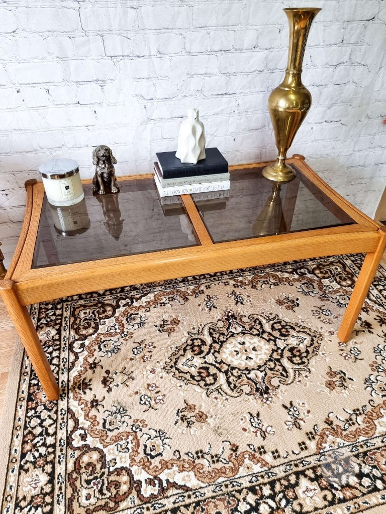 Ercol Saville Ash Long Coffee Table with Smoked Glass Mid Century Vintage