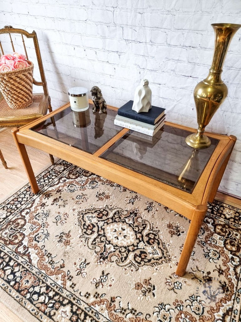 Ercol Saville Ash Long Coffee Table with Smoked Glass Mid Century Vintage