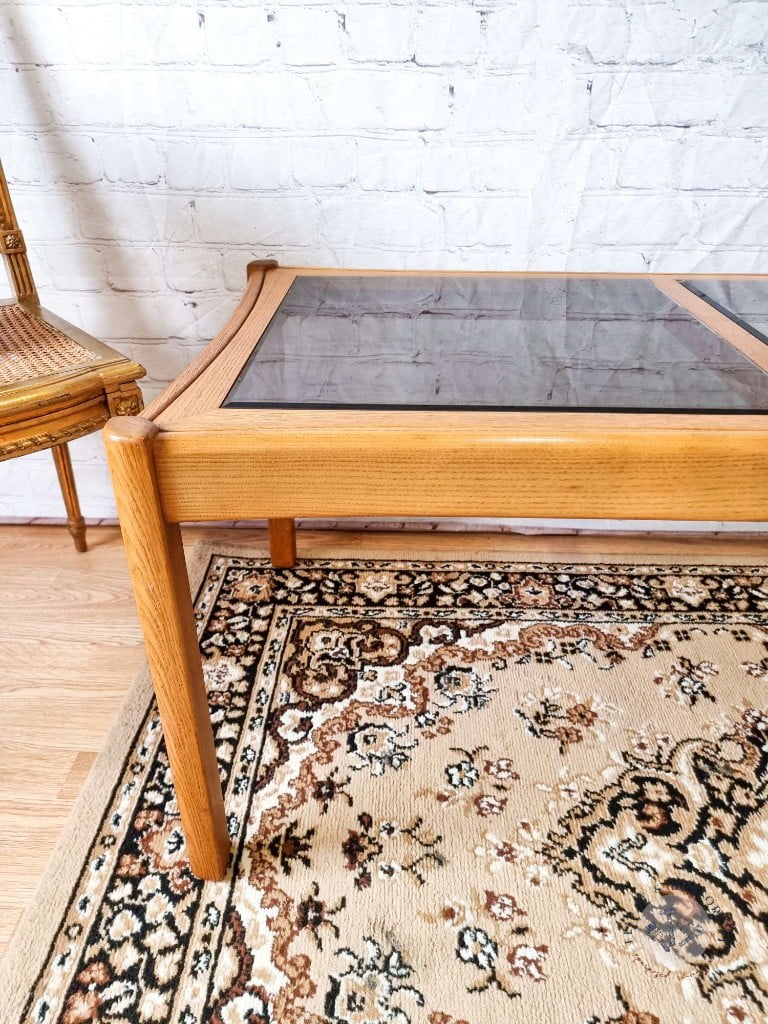 Ercol Saville Ash Long Coffee Table with Smoked Glass Mid Century Vintage