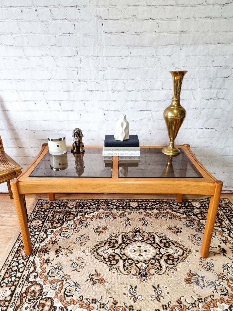 Ercol Saville Ash Long Coffee Table with Smoked Glass Mid Century Vintage