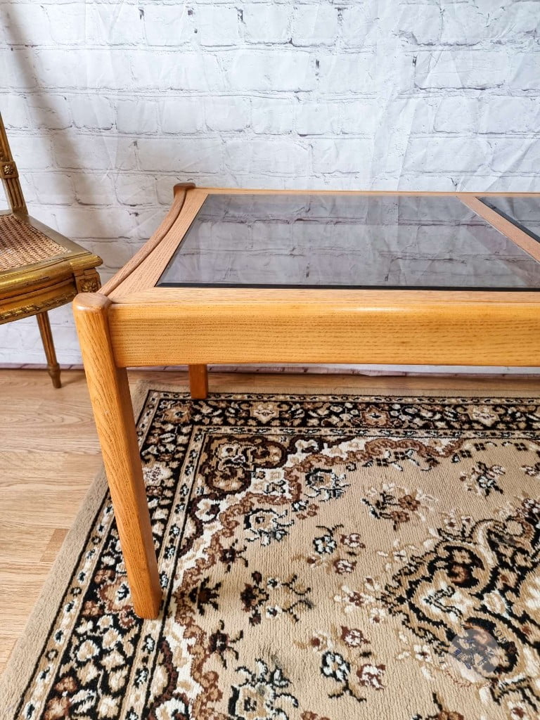 Ercol Saville Ash Long Coffee Table with Smoked Glass Mid Century Vintage