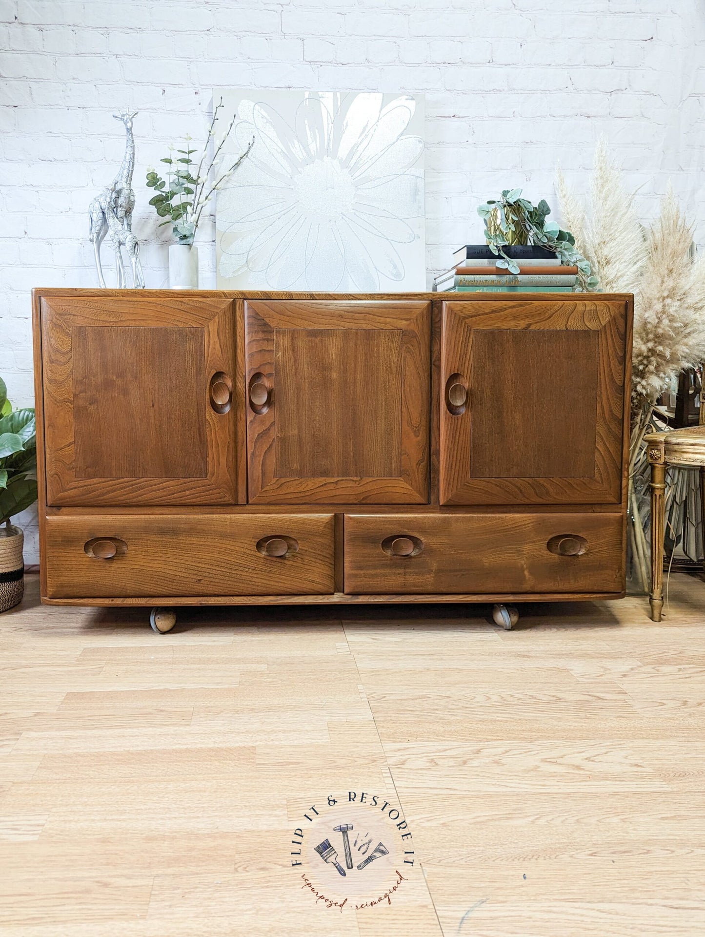 Ercol Windsor 3 Door 2 Drawer Cabinet Sideboard Model 468 Blue Label Mid-Century