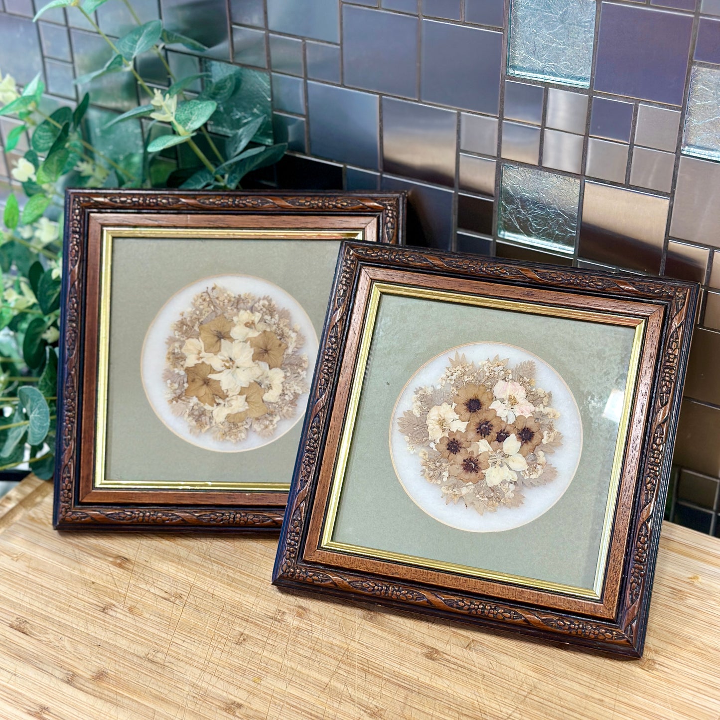 Vintage Framed Dried Pressed Flowers - Pair of Gold & Wood Frames with Pale Green Mounts - Real Flowerheads by Keith & Christine Head