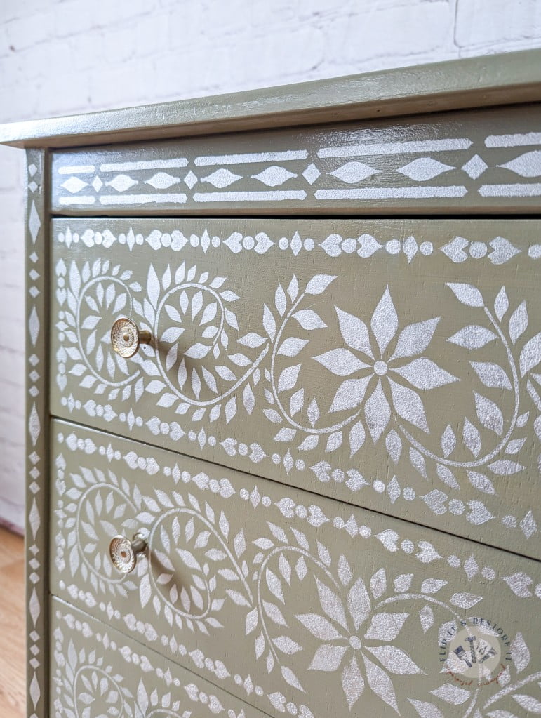 Faux Bone Inlay Stencil Hand-Painted Vintage Chest of Drawers