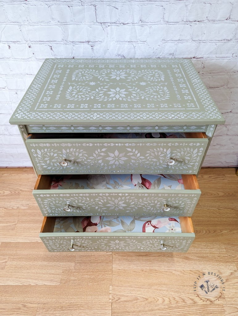 Faux Bone Inlay Stencil Hand-Painted Vintage Chest of Drawers