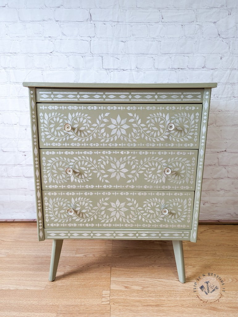 Faux Bone Inlay Stencil Hand-Painted Vintage Chest of Drawers