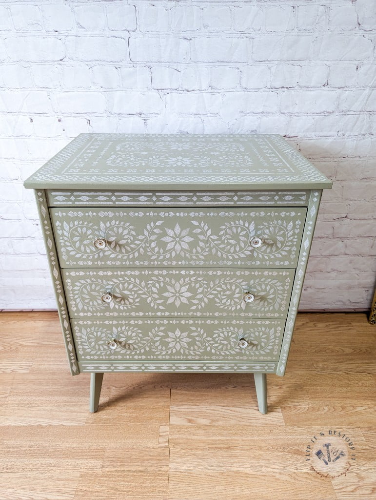 Faux Bone Inlay Stencil Hand-Painted Vintage Chest of Drawers