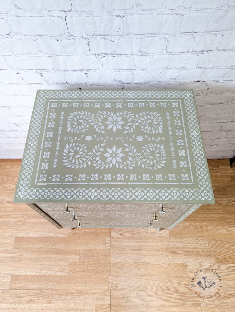 Faux Bone Inlay Stencil Hand-Painted Vintage Chest of Drawers