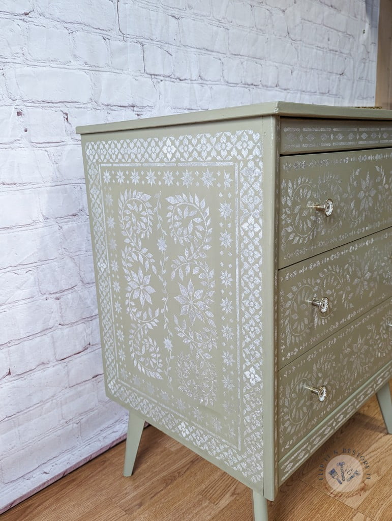 Faux Bone Inlay Stencil Hand-Painted Vintage Chest of Drawers