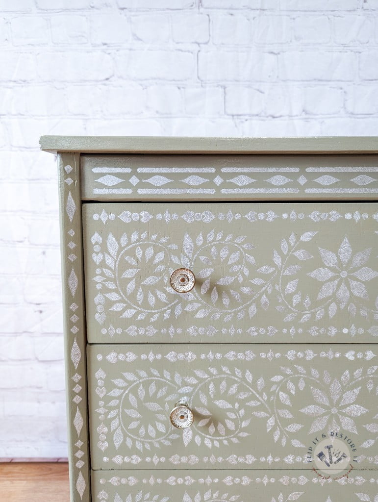 Faux Bone Inlay Stencil Hand-Painted Vintage Chest of Drawers