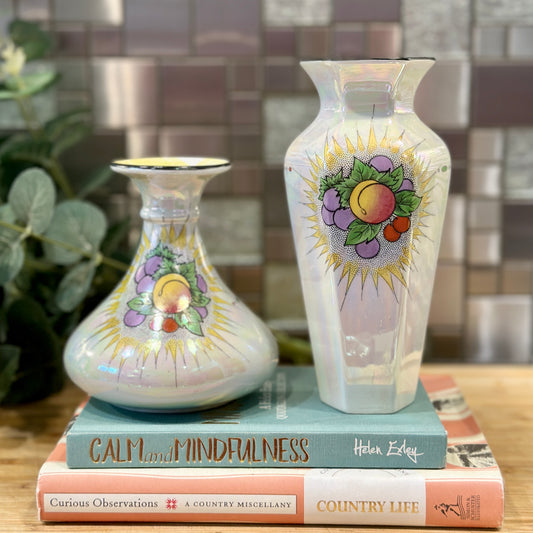 Pair of 1920s Art Deco Shelley 'Fruit Spray' Lustre Vases - Antique Shelley Vases (8629)