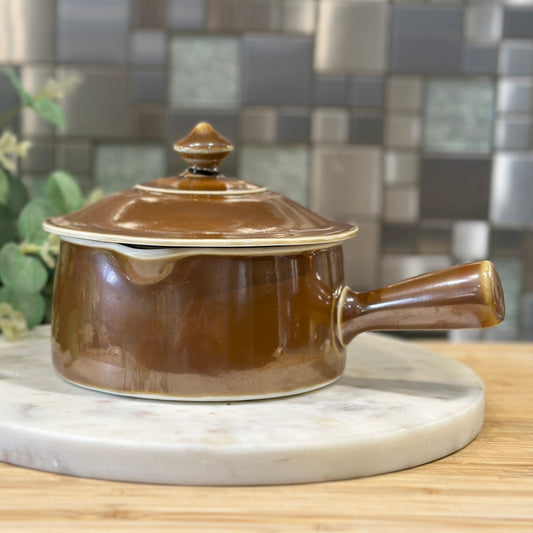 Vintage French Pillivuyt White Porcelain & Brown Lustreware Saucepan Pot with Lid