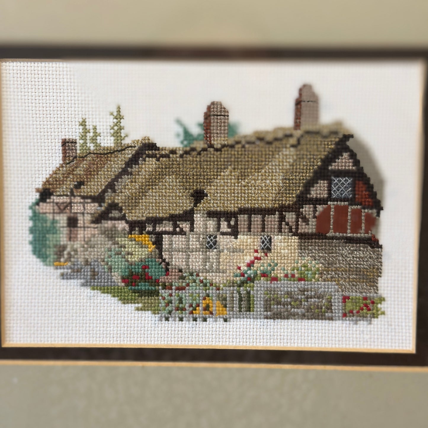 Vintage Tent Stitch Embroidery - Charming Cottage Scene