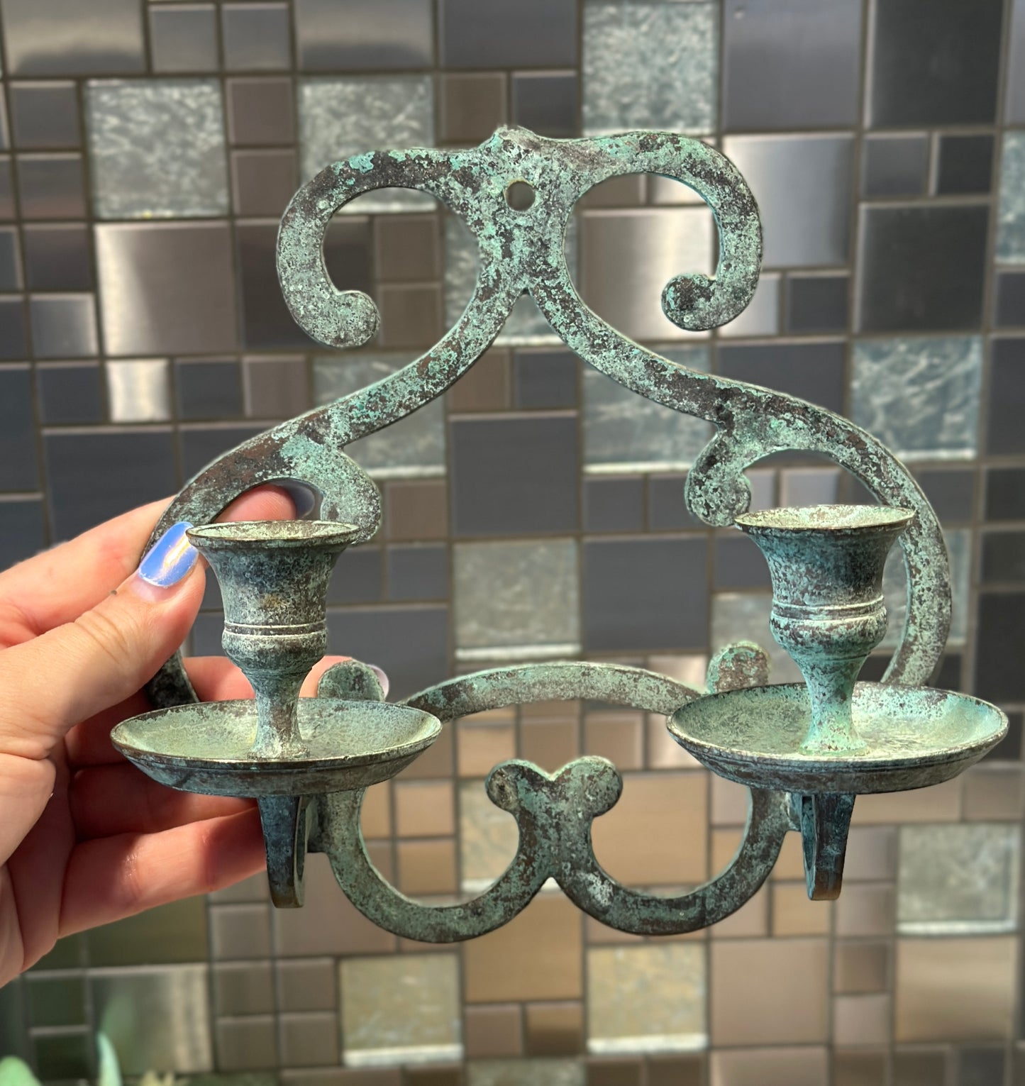 Vintage Wall Sconce Candle Holder - Elegant Green Patina