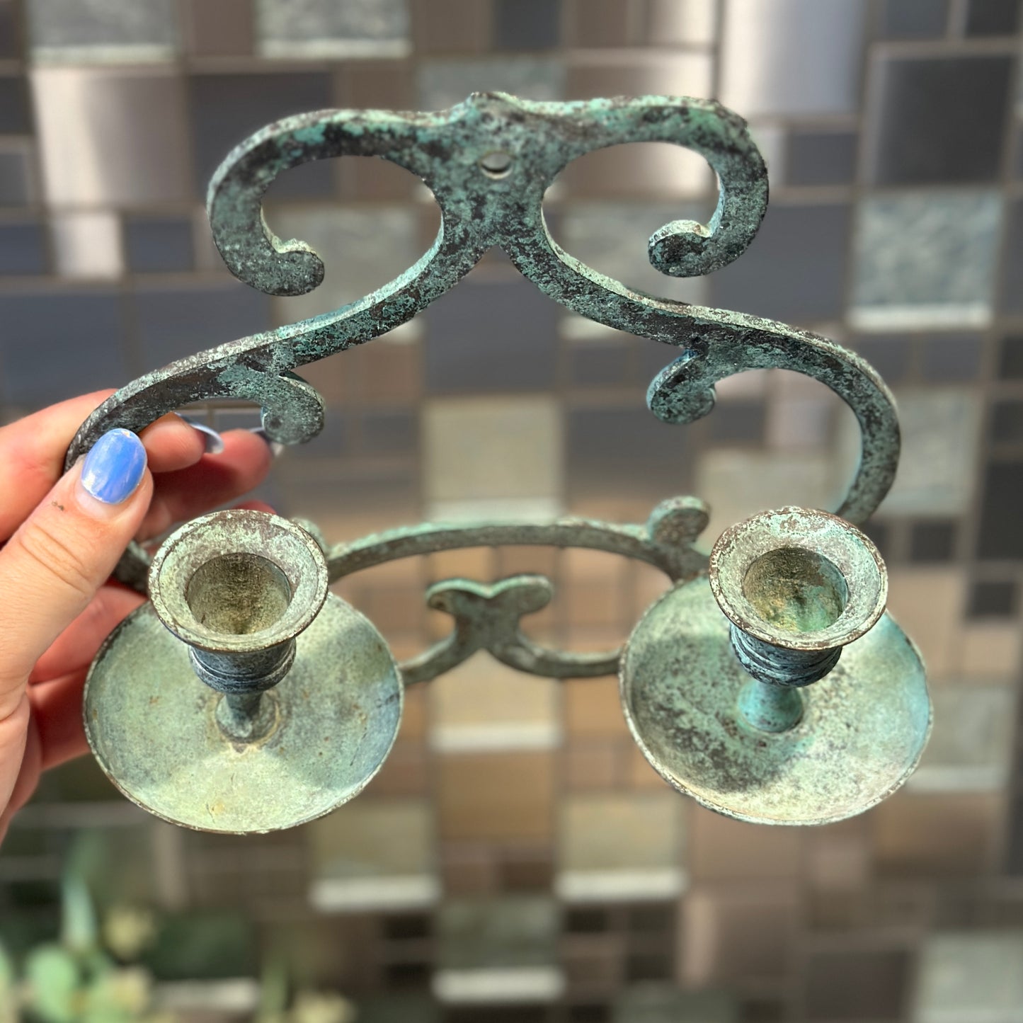 Vintage Wall Sconce Candle Holder - Elegant Green Patina