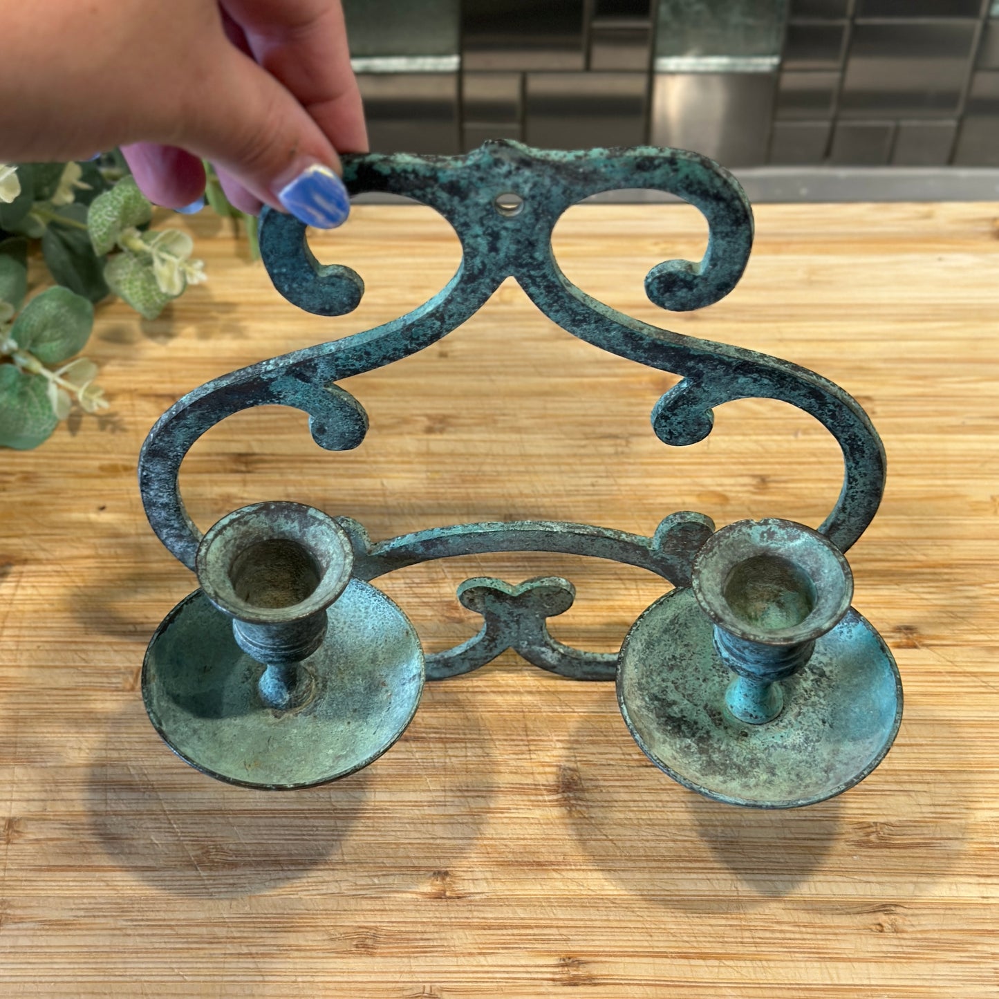 Vintage Wall Sconce Candle Holder - Elegant Green Patina