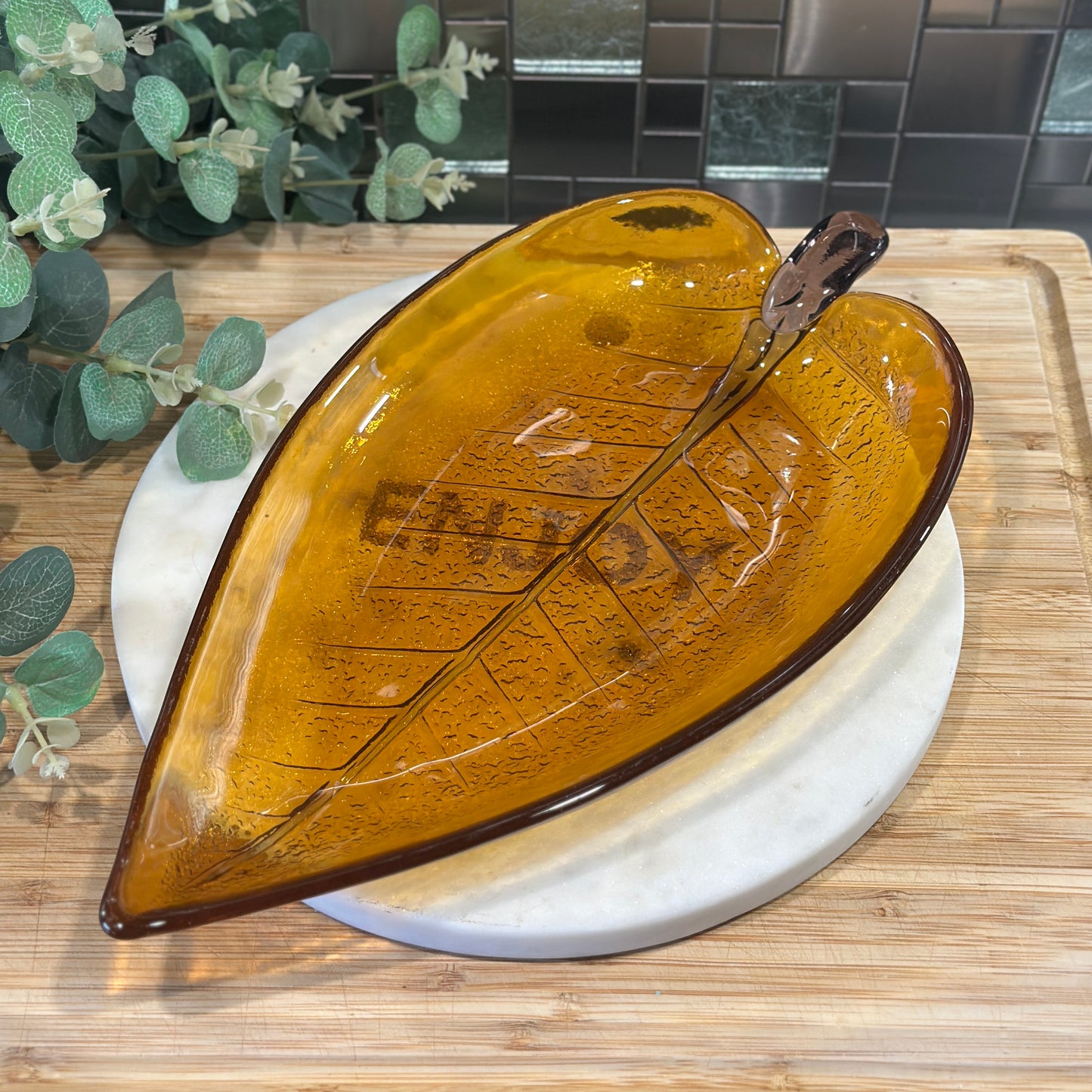 Vintage Amber Glass Leaf Dish - Unique Serving Piece