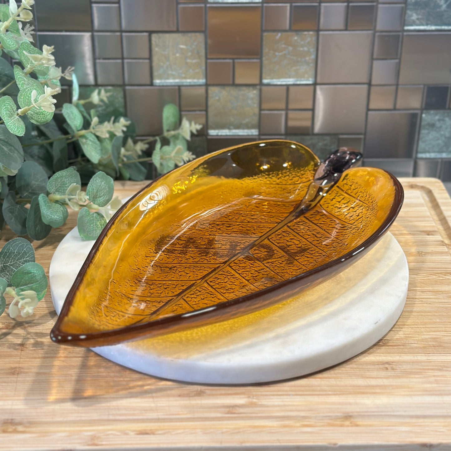 Vintage Amber Glass Leaf Dish - Unique Serving Piece