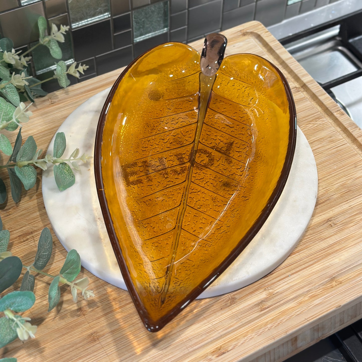 Vintage Amber Glass Leaf Dish - Unique Serving Piece