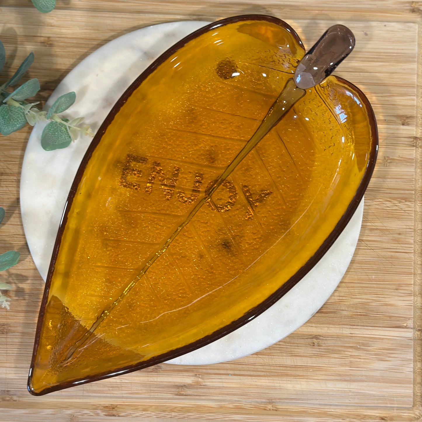 Vintage Amber Glass Leaf Dish - Unique Serving Piece