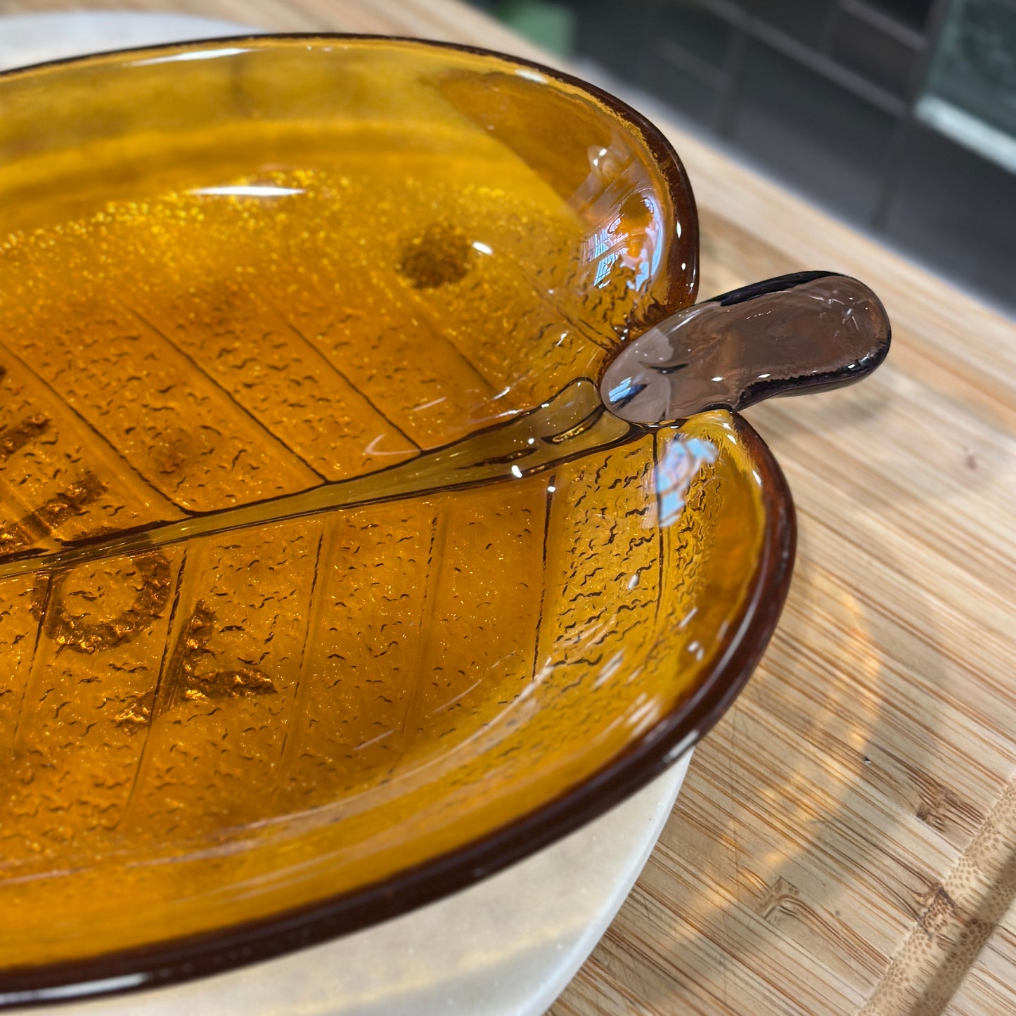 Vintage Amber Glass Leaf Dish - Unique Serving Piece