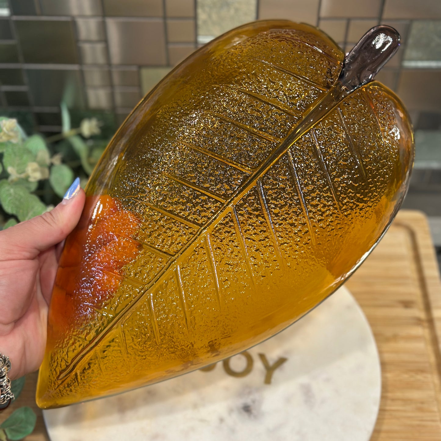 Vintage Amber Glass Leaf Dish - Unique Serving Piece