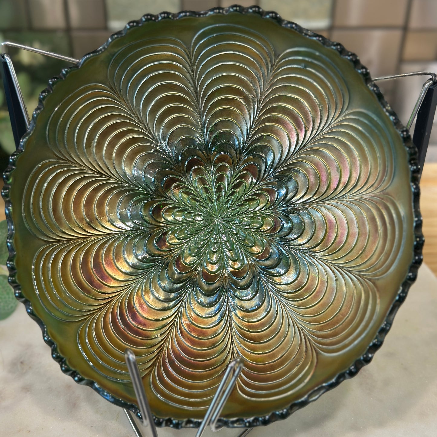 Antique Fenton Carnival Glass "Peacock Tail" Bowl - Iridescent Green