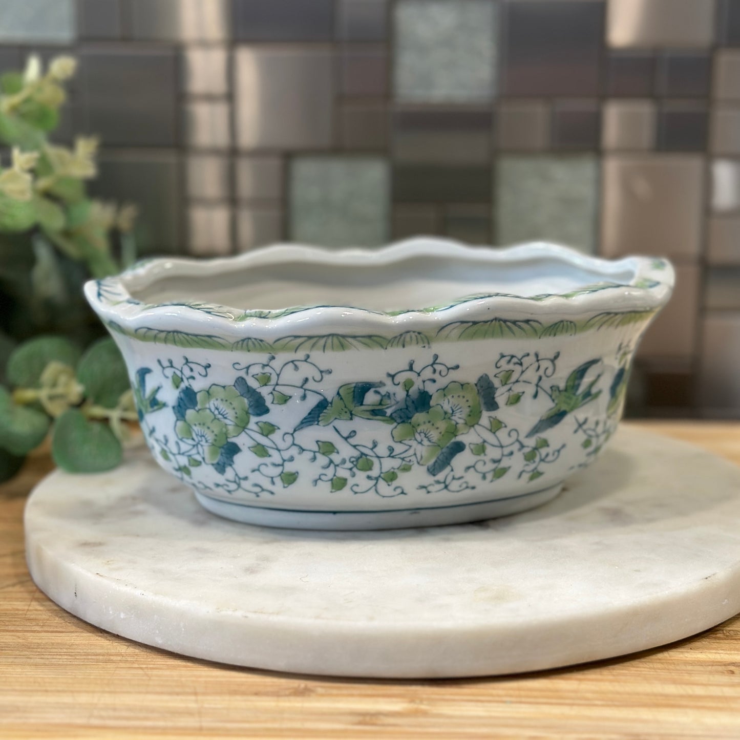 Vintage Chinese Porcelain Planter - Blue & Green Floral with Birds