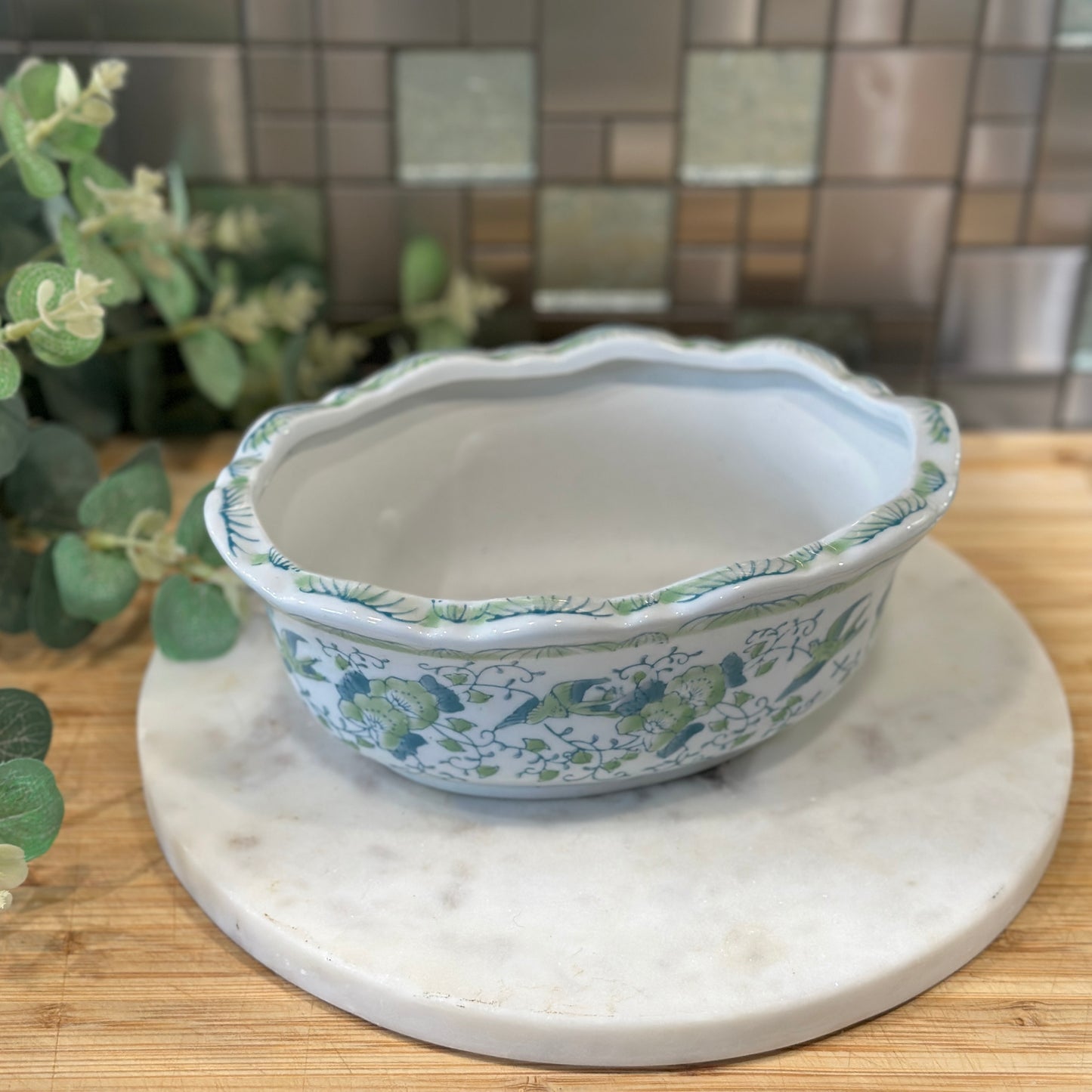 Vintage Chinese Porcelain Planter - Blue & Green Floral with Birds