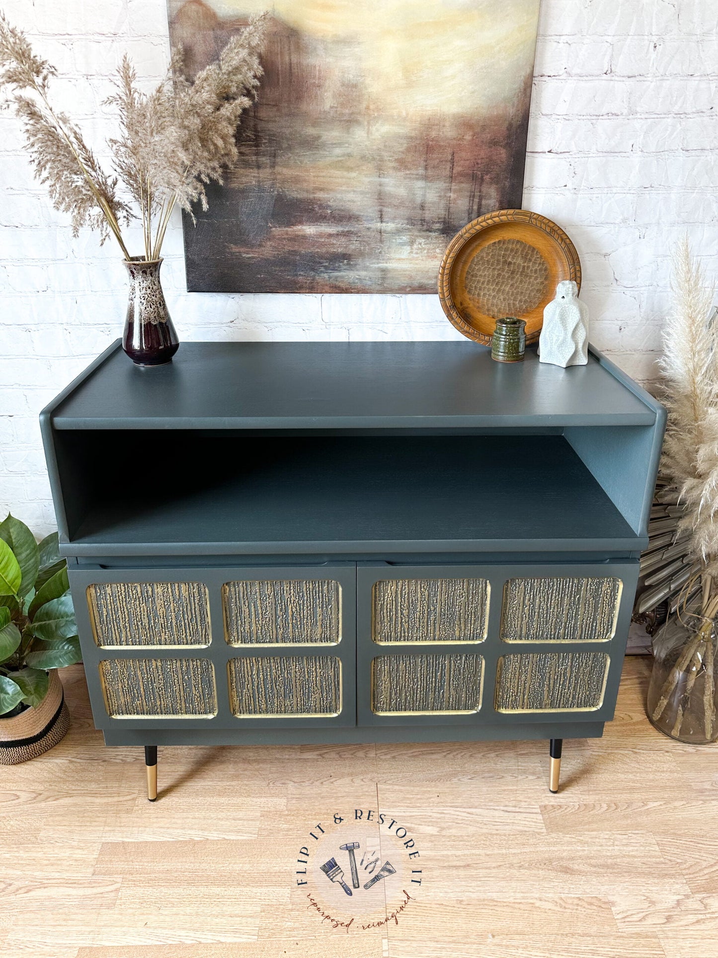 Green and Gold Painted MCM Nathan Cabinet/Media Unit/Entertainment Sideboard