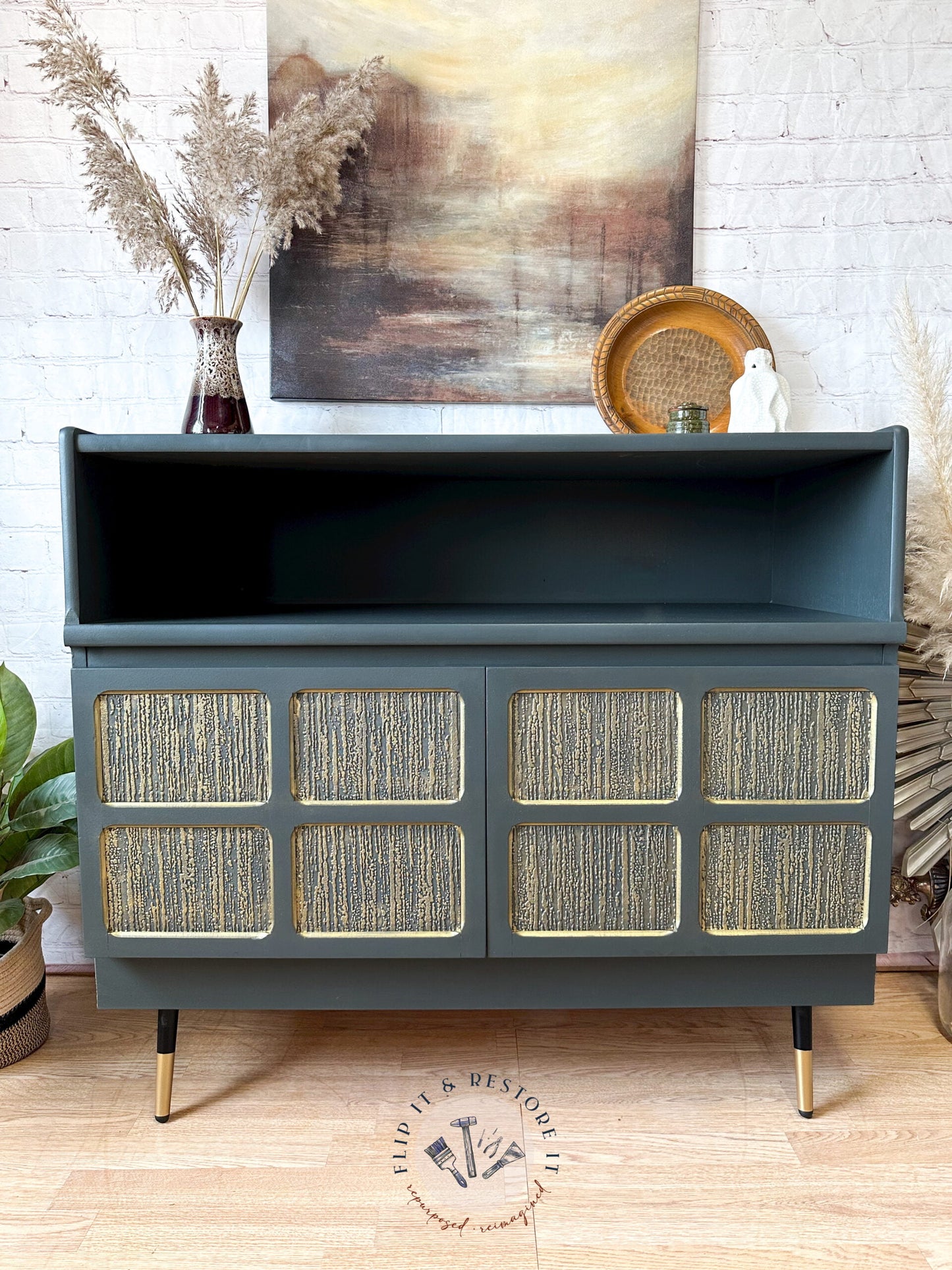 Green and Gold Painted MCM Nathan Cabinet/Media Unit/Entertainment Sideboard