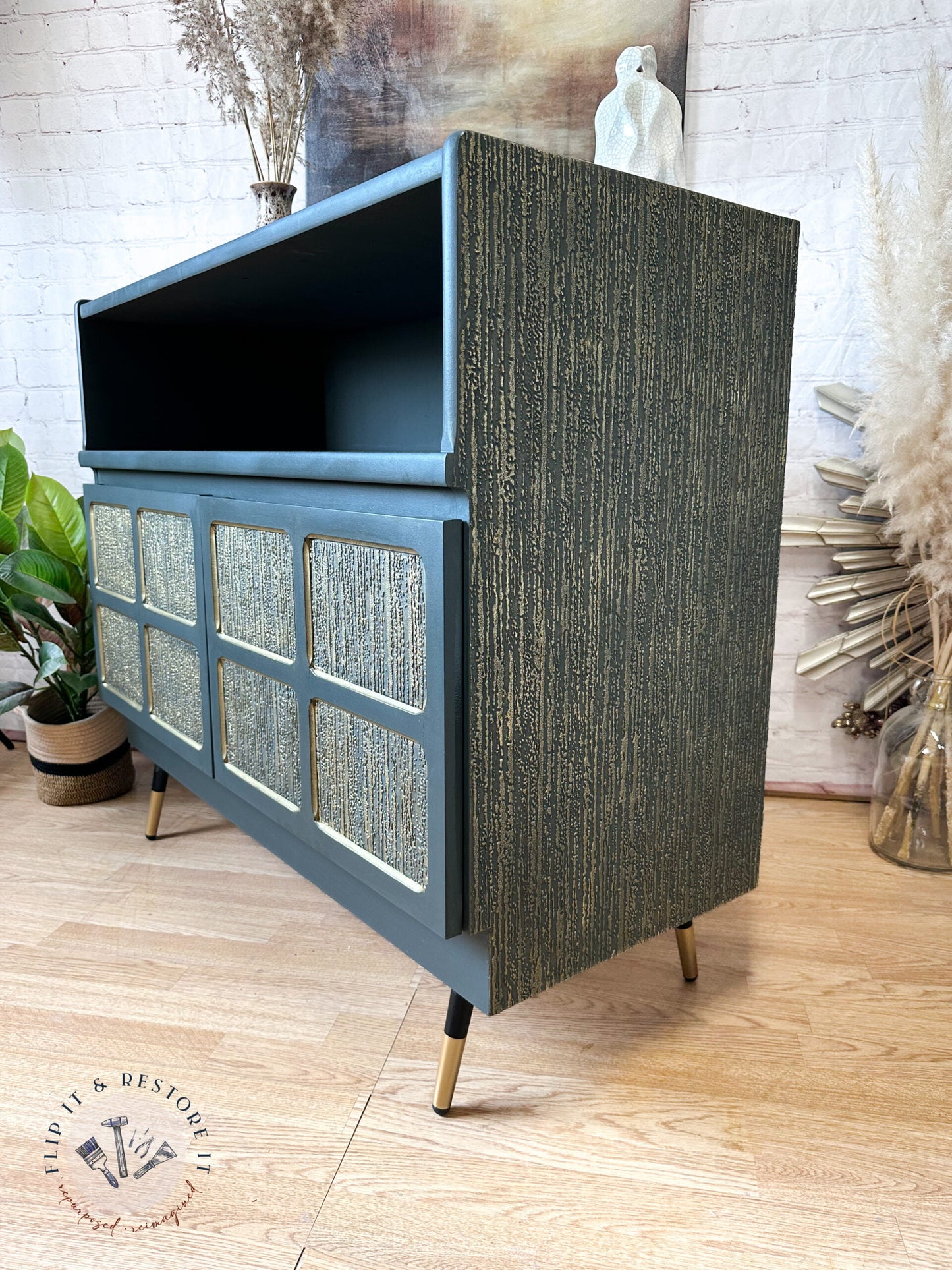 Green and Gold Painted MCM Nathan Cabinet/Media Unit/Entertainment Sideboard