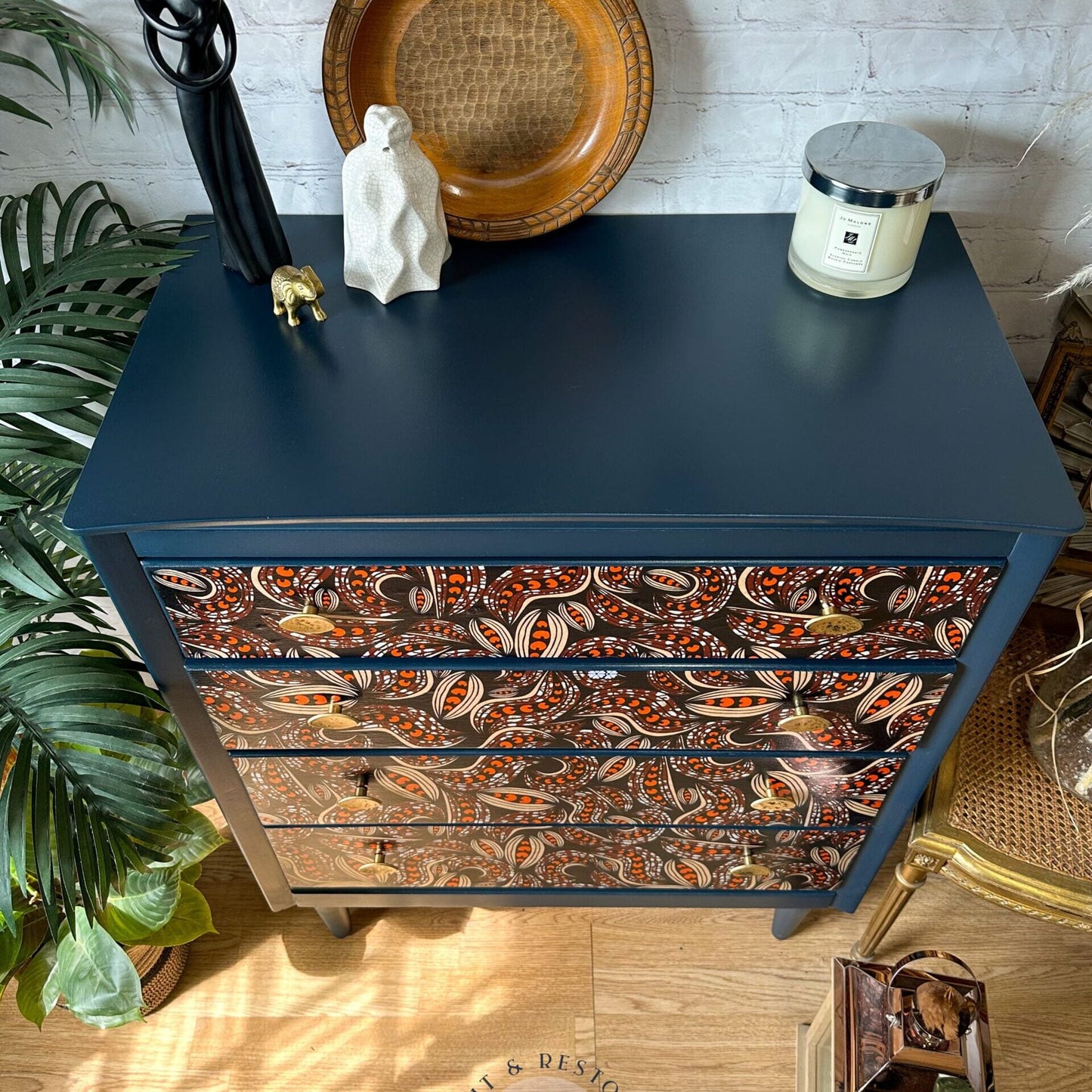 Harris Lebus MCM 4 Drawer Chest of Drawers Dresser Hand-Painted in Navy Blue