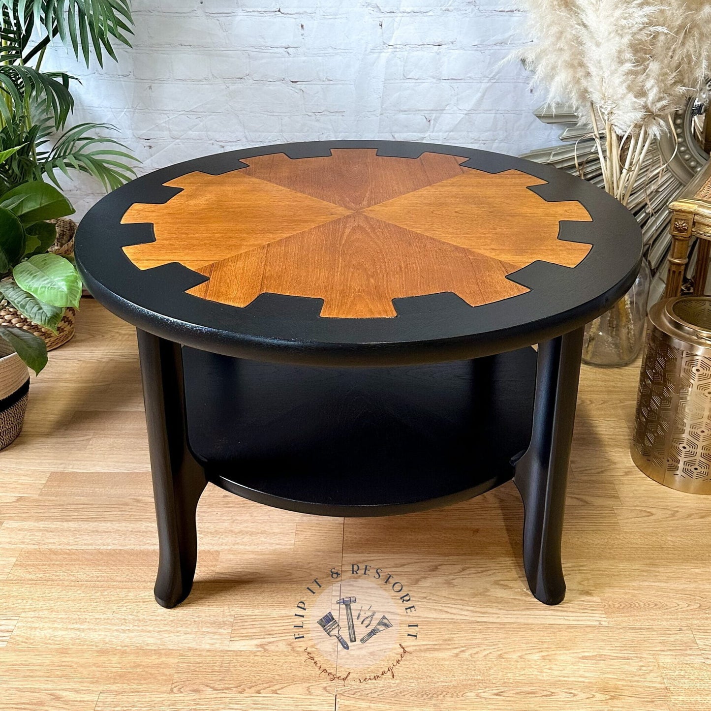 MCM Circular Round 'Cog' Coffee Table By Nathan Furniture Wooden Side Table Hand-Painted in Black